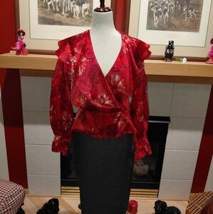 Christian Dior Long Sleeve Red Multi Silk  blouse M
